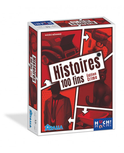 Boîte du jeu de société Histoires 100 Fins – Édition Crimes édité par HUCH!, jeu d’ambiance narratif et familial sur le thème des enquêtes et du crime.