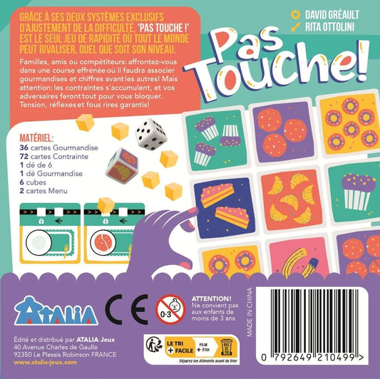 Dos de la boîte du jeu Pas Touche ! – présentation des règles, du contenu et des illustrations colorées du jeu Atalia.