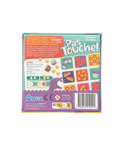 Dos de la boîte du jeu Pas Touche ! – présentation des règles, du contenu et des illustrations colorées du jeu Atalia.